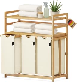 Wasmand 148L met 3 Vakken - Bamboe Wassorteerder met 2 Opbergplanken en Afneembare Waszak - 77,5 x 41,3 x 100,5 cm - Voor Badkamer, Slaapkamer en Wasruimte - Beige — thumbnail 1
