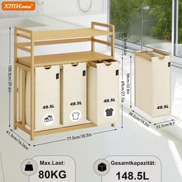 Wasmand 148L met 3 Vakken - Bamboe Wassorteerder met 2 Opbergplanken en Afneembare Waszak - 77,5 x 41,3 x 100,5 cm - Voor Badkamer, Slaapkamer en Wasruimte - Beige — thumbnail 2