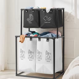 Wasmand 4 Vakken - Wassorteerder 2 Niveaus - Uitneembare Oxford-Stoffen Zakken - Opvouwbaar Metalen Frame - Ruimtebesparend Verticaal Ontwerp - 7 cm Verhoogde Onderzijde - Voor Badkamer, Slaapkamer en Wasruimte — thumbnail 2