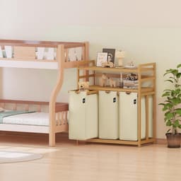Wasmand 150L met 3 Vakken - Bamboe Wassorteerder met 3 Uitneembare Waszakken en 2 Opbergplanken - Uittrekbaar en Ademend - Voor Badkamer, Wasruimte en Slaapkamer - Beige — thumbnail 3