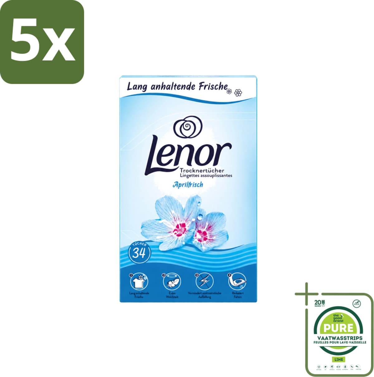 5 x Lenor - Droogtrommeldoekjes - Aprilfris - Textielverfrisser - 34 Doekjes - Grootverpakking - Vaatwasstrips - Droogtrommeldoekjes - Frisheid - Wasdoekjes - Statische Elektriciteit - Wasgoed — afbeelding 1