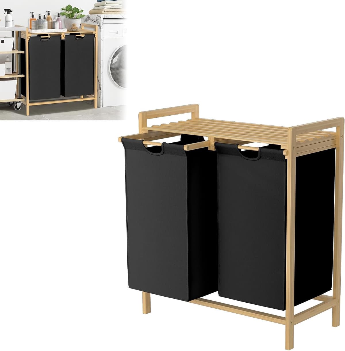 Wasmand met bamboeframe, afneembare en wasbare Oxford-stoffen zak, 2 aparte vakken, wassorteerder voor huishouden, zwart, 73 x 64 x 33,5 cm — afbeelding 1