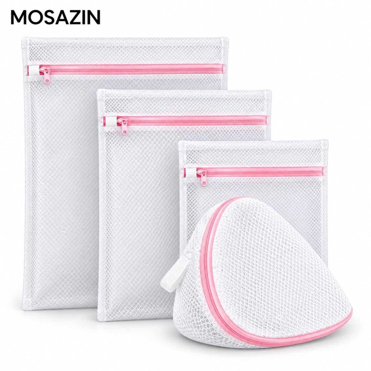 MOSAZIN Waszakken Set 4-delig – 3 Maten en BH Waszak – Wasnetten met Rits voor Lingerie, Sokken en Kleding – Wit/Roze — afbeelding 1