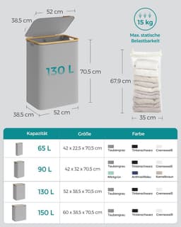 SONGMICS LCB513G01 Wasmand met Deksel, Wasmand met 2 Compartimenten, 130 L, Afneembare Waszak, Oxford Stof, Bamboe Handgrepen, Opvouwbaar, 52 x 38,5 x 70,5 cm, Duif Grijs — thumbnail 2
