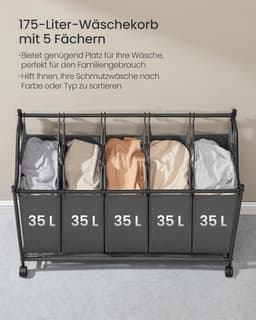 SONGMICS Wasmand met Wielen, Wasmand met 5 Uitneembare Waszakken, Waswagen, voor Wasruimte, Slaapkamer, Badkamer, 5 x 35 L, Leisteengrijs — thumbnail 5