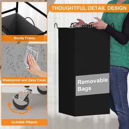 Triumpunpre - 2‑Vaks Wasgoed Sorteerwagen - Zware Metalen Wasmand met Afneembare Waterdichte Zakken - Vergrendelbare Wielen - Mobiele Kleding Opbergwagen voor Slaapkamer en Badkamer — thumbnail 5