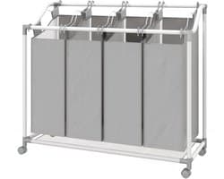 Verrijdbare wasmand- waskar- wasmand op wieltjes met 4 uitneembare zakken- 4 x 40 l- 97 x 38 x 81 cm- grijs