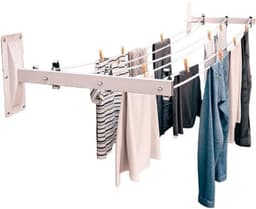 Wandwaslijn - Wasrek voor buiten - Kleding drogen - Zes roestvrijstalen katrollen - 45 cm breed - Wit — thumbnail 1