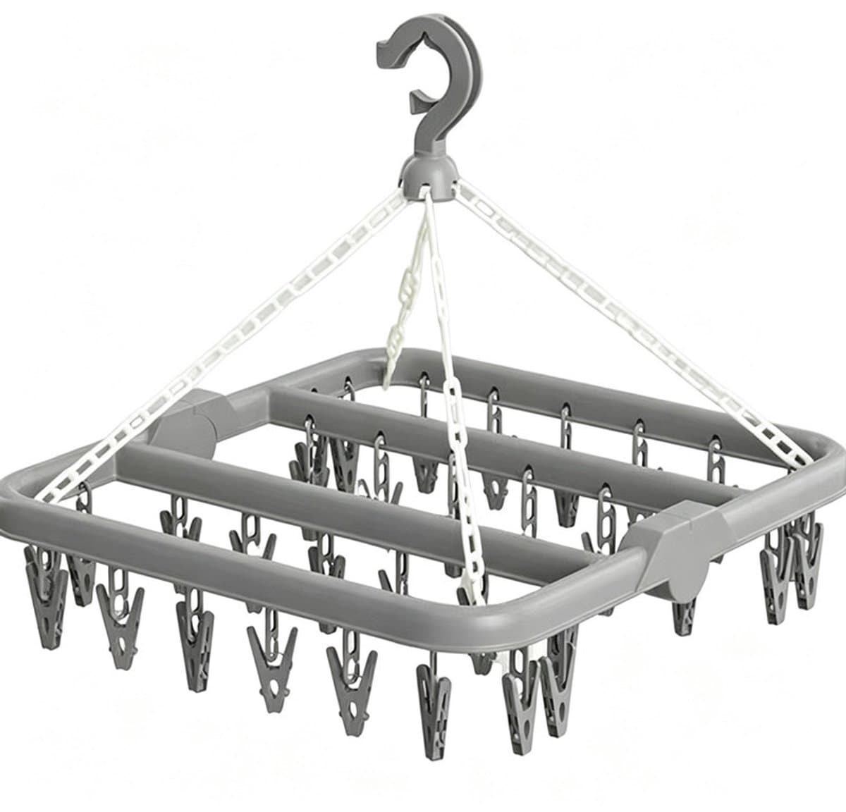 Hangend droogrek met 32 knijpers — Veelzijdig rek voor sokken, ondergoed en kleine kledingstukken — Hoog draagvermogen, draaibare haak, stevige grip — Opvouwbaar, draagbaar en ruimtebesparend — 32 x 32 x 35 cm — afbeelding 1