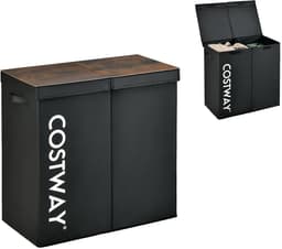 COSTWAY Wasmand met deksel, 115 liter, wasverzamelaar, 2 vakken, wasbox van vliesstof met handgrepen, 62 x 31 x 60 cm (zwart) — thumbnail 1