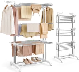 Droogrek 4-Laags met Wielen – Inklapbaar Wasrek met Zijvleugels – Verrijdbare Droogtoren – 49 x 128 x 173 cm – Tot 35 kg – Zilvergrijs/Wit — thumbnail 2