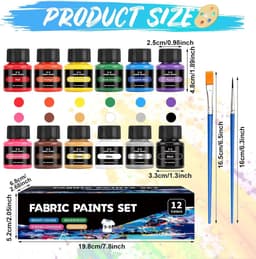 12 x 25 ml stofverf, verf voor permanente stoffen, wasbare stofkleur, kan worden gebruikt voor het schilderen van kleding, schoenen en linnen tassen, 2 borstels — thumbnail 5