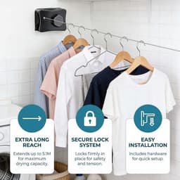 5,1 m intrekbare waslijn, niet doorhangende wandgemonteerde waslijn, roestvrij staal, waslijn voor binnen en buiten, balkon, wasruimte — thumbnail 3