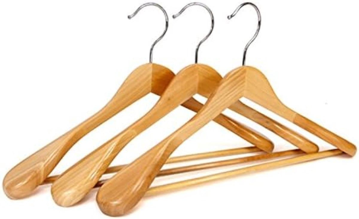 PromoHome 5 stuks houten kledinghangers met antislip broekstang - Brede schouder ondersteuning voor zware jassen en pakken - Natuurlijke houtkleur — afbeelding 1