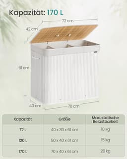 SONGMICS - Wasmand met deksel - 3 compartimenten - 170 liter - 70 x 40 x 61 cm - bamboe - met handgrepen - wit — thumbnail 2