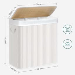 Waskorf Vuile wasmand Met 3 compartimenten Klemdeksel en handgreep 150 liter extra grote capaciteit Opvouwbaar ontwerp ruimtebesparend Geschikt voor wasruimte Slaapkamer en badkamer 60 x 40 x 60,5 cm Wit — thumbnail 2