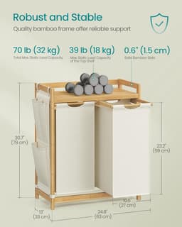 Conway Living® Wasmand 2 vakken – wassorteerder - wasmanden - wasbox - wasmand hout - wasmand - wasmanden bruin - 100 liter - 2 zakken - uitschuifbaar met plank - 63 x 33 x 78 cm — thumbnail 2