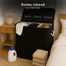 Cheqo® Wasmand 3 Vakken - Wassorteerder - Bamboe Materiaal - Zwart Design - 100 Liter Inhoud - Licht Donker Kleur - Makkelijk Te Monteren - Geen Gereedschap Nodig - Wasbare Binnenzak - Wasgoed Organizer — thumbnail 3