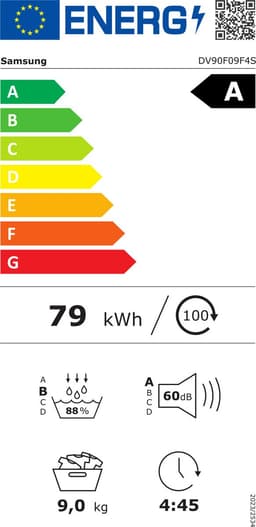 SAMSUNG DV90F09F4SU3 60 dB 9kg Label A Warmtepompdroger A — thumbnail 2