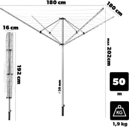 KADAX Wäschespinne mit 50 Meter Wäscheleine, Wäscheständer aus rostfreiem Aluminium für Draußen, höhenverstellbare Wäscheschirm mit Bodenhülse für Garten — thumbnail 2