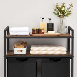 Wasmand, wasbak, wasverdelersysteem met 2 uittrekbare en afneembare zakken en dubbele opbergrek, elke zak met een capaciteit van 46 liter, geschikt voor badkamer of wasruimte, 73 x 33 x 91 cm, bruin en zwart — thumbnail 5