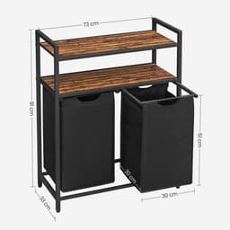 Wasmand, wasbak, wasverdelersysteem met 2 uittrekbare en afneembare zakken en dubbele opbergrek, elke zak met een capaciteit van 46 liter, geschikt voor badkamer of wasruimte, 73 x 33 x 91 cm, bruin en zwart — thumbnail 2
