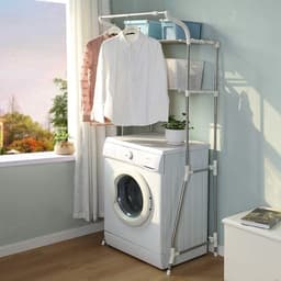 Opbergplank Toilet Boven de Wasmachine - Opbergrek Badkamer Ruimtebespaarder - 2 Planken Wasruimte Organizer met Ophangstang - Eenvoudige Montage - Verstelbare (62-101) x 173 x 48 cm Ivoor Wasmachine rek — thumbnail 3