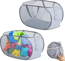 Wasmand - 2 Stuks - Opbergmand - Multifunctionele - Opvouwbare - Met Handvat - Compact En Handig - Reizen En Kleine Ruimtes - Reis Accessoires - Vakantie Benodigdheden - Voor Kinderkamer/Camping, Reizen En Bijkeuken - Grijs - 36 x 36 x 58 cm — thumbnail 2