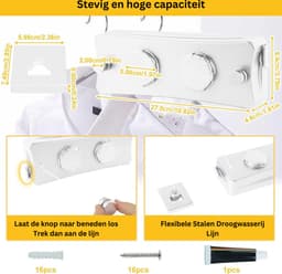 White-Label® Waslijn Uittrekbaar - Wanddroogrek - Wasdraad - Wit — thumbnail 2