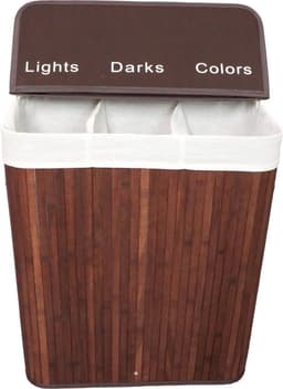ENGLISH HOME 100L opvouwbare 3-compartimenten wasmand met deksel, wasmand met uitneembare voering, opberg organizer, wasmanden voor wasgoed badkamer, bamboe 52x32x60 cm Bruin — thumbnail 4