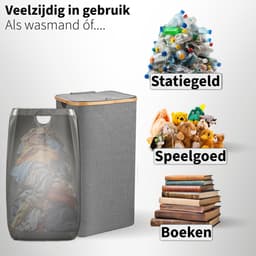 Wasmanden Set - 60L + 100L - 2 Stuks - Wasmand met Deksel - Wassorteerder - Opbergmand - Mand Vuile Was - Grijs — thumbnail 4