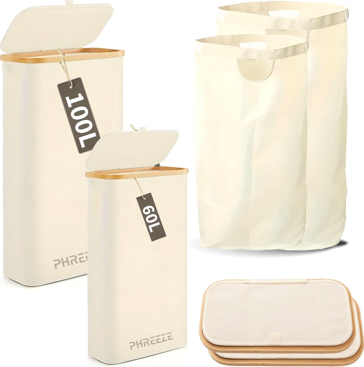 Wasmanden Set - 60L + 100L - 2 Stuks - Wasmand met Deksel - Wassorteerder - Opbergmand - Mand Vuile Was - Beige — afbeelding 1