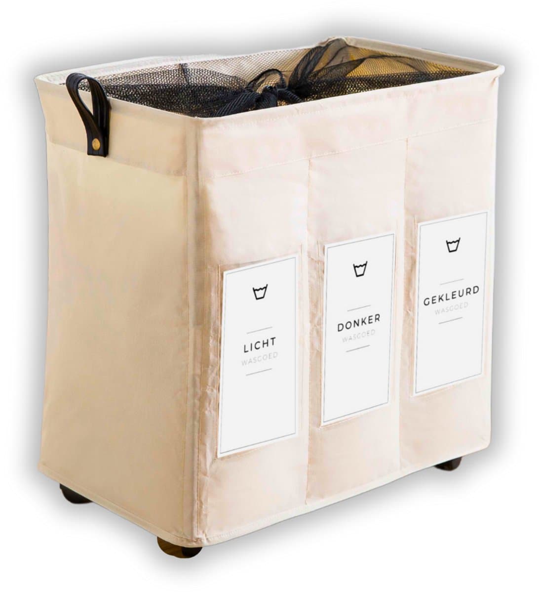Wasmand op Wielen 145L – Wassorteerder 3 Vakken – Inklapbare Wasmand met Handvatten, Trekstang en Nederlandse Labels – Beige Wasmand voor Badkamer, Slaapkamer en Wasruimte - 145L — afbeelding 1