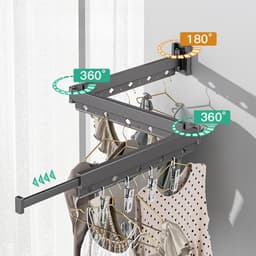 Drievoudig opvouwbaar kledingrek met verlengde arm, aan de muur bevestigd droogrek voor het drogen van kleding aan de lucht, opvouwbaar en intrekbaar kledingrek voor wasgoed, balkon, slaapkamer - Wit — thumbnail 3