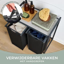 Blumtal Wasmand met 2 vakken - Wasmand met betonlook plank - Metalen frame - Wasmand met poten - Zwart — thumbnail 5