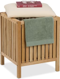 wasmand met zitje - 30 l - hout en stof - 51 x 38 x 38 cm - badkamerkruk — thumbnail 1