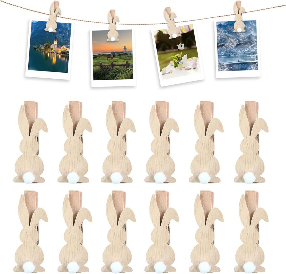 12x Mini Houten Wasknijpers met Haas - Paasdecoratie & Fotoclips — afbeelding 1