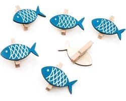 6x Houten Wasknijpers Blauw Wit Vis Decoratie Clips 5 cm Maritiem Feestartikelen