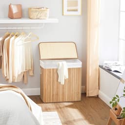 Waskorf Vuile wasmand Met 3 compartimenten Klemdeksel en handgreep 150 liter extra grote capaciteit Opvouwbaar ontwerp ruimtebesparend Geschikt voor wasruimte Slaapkamer en badkamer 60 x 40 x 60,5 cm naturel — thumbnail 3