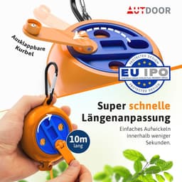 Uitschuifbare waslijn 10 m - Handzwengel met 50 kg draagkracht - Nylon drooglijn voor camping en balkon — thumbnail 3
