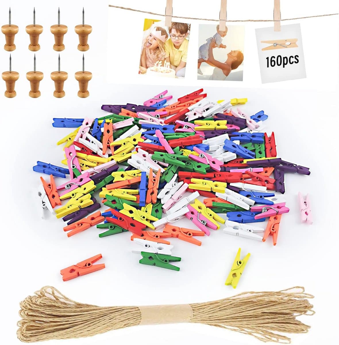 168 Stuks Mini Houten Knijpers voor Foto's met Jute Koord - Ideaal voor Bruiloft Decoratie en DIY Fotowand — afbeelding 1