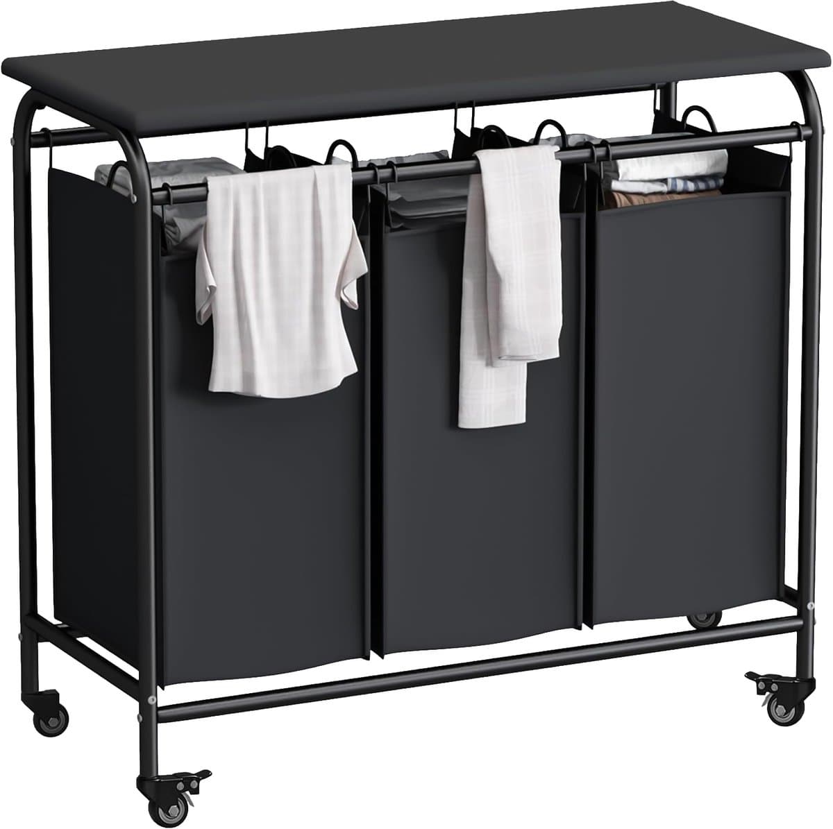 Wishdor Luxe Wasmand met Wielen 3 Vakken - Wassorteerder met Strijkplank & Opvouwtafel - Uitneembare Waszakken - Zwart (80,5 x 42,4 x 78,5 cm) — afbeelding 1