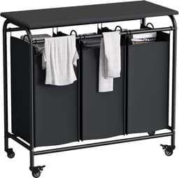 Wishdor Luxe Wasmand met Wielen 3 Vakken - Wassorteerder met Strijkplank & Opvouwtafel - Uitneembare Waszakken - Zwart (80,5 x 42,4 x 78,5 cm) — thumbnail 1