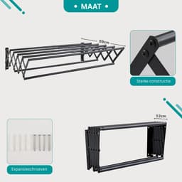 VH Supplies® Wanddroogrek - Hangend Wasrek - Inklapbaar Droogrek - Zwart — thumbnail 2