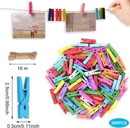 300 Kleine Houten Klemmetjes Kleurrijk met Jute Touw - Mini Knijpers voor Foto's, Kaarten & Decoratie — thumbnail 5