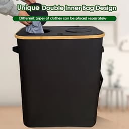 Wasmand met 2 uitneembare zakken- Wassorteerder - 140L - Met 2 gaten voor het sorteren van kleding - wasmand - Zwart — thumbnail 5