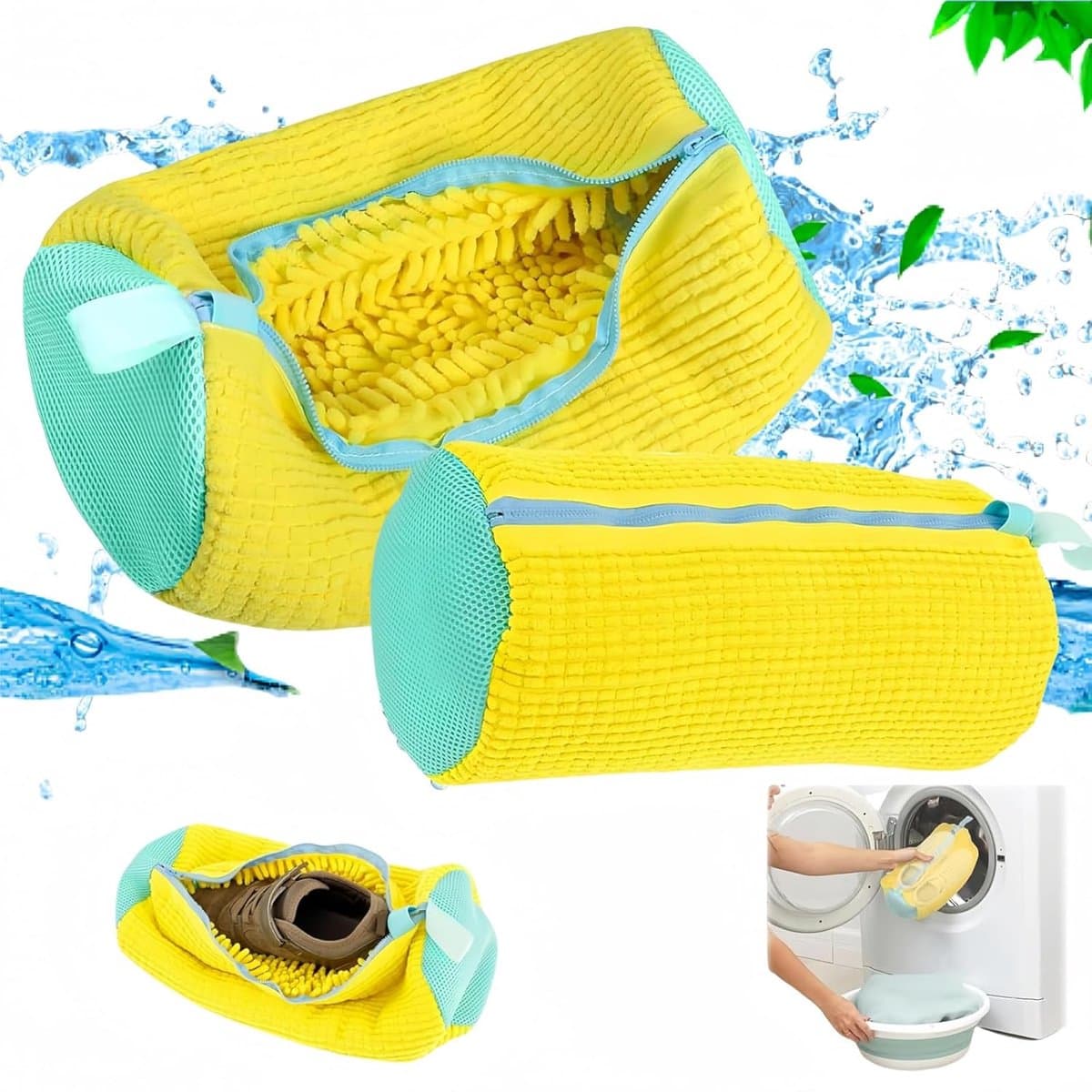 2 stuks wasnet - schoenwaszak - wasmachine met ritssluiting - 360 graden reinigingspluisjes - verhoogde interne wrijving - schoenen voor geelblauw — afbeelding 1