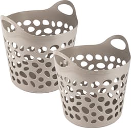Plasticforte Flexibele wasmand/opbergmand - 2x - rond - beige - 62 liter - D40 x H39 cm — thumbnail 1