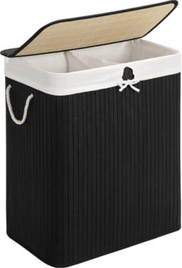 Bamboe Wasmand, 100 L Wasbak, Wasmand Met 2 Compartimenten, Wassorteerder Met Deksel En Verwijderbare Waszak, Katoenen Handgrepen, Zwart — thumbnail 1