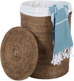Rotan wasmand – Ronde wasbox met deksel en binnenzak – Opbergmand – Cleo Bruin — thumbnail 1